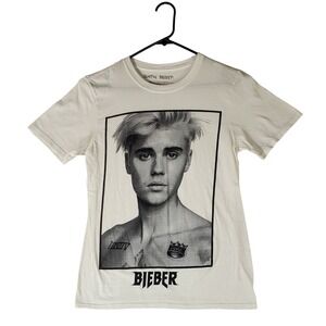 Justin Bieber White Graphic T-Shirt Portrait Crown Tattoo Merch Small S 2022